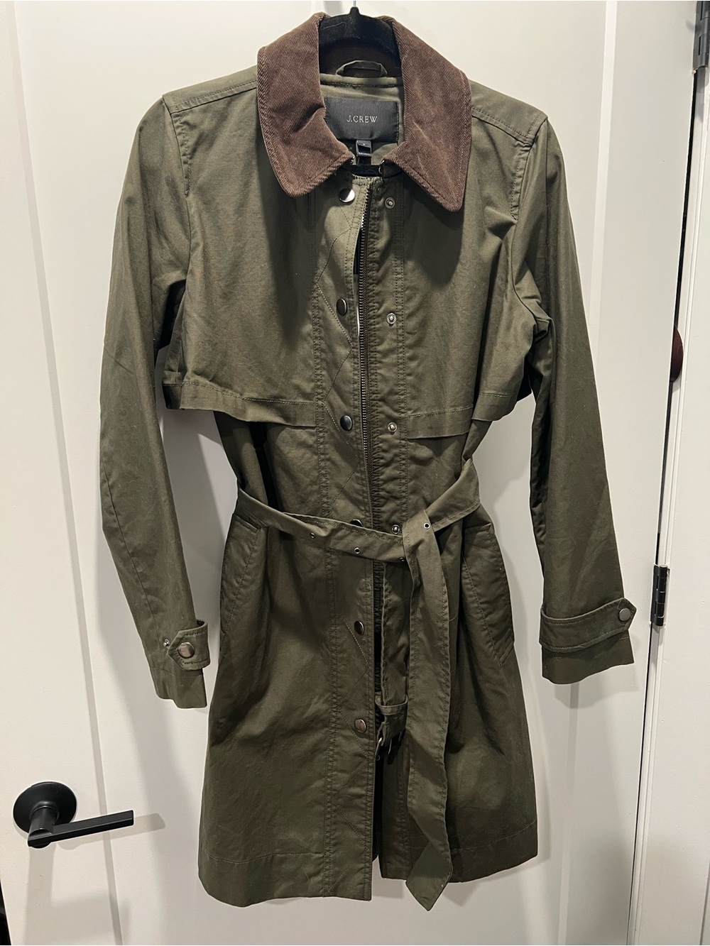 J. Crew Olive Green Trench Coat with Brown Collar